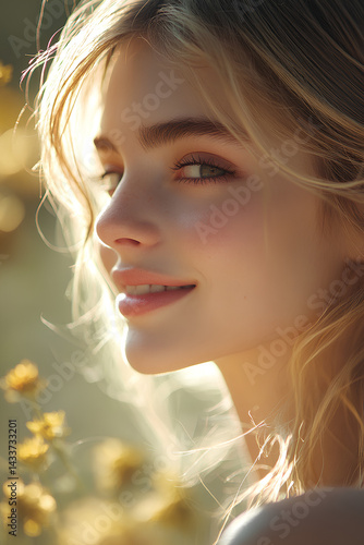 Wallpaper Mural Young woman smiling with sunlight behind her in a warm, golden glow Torontodigital.ca