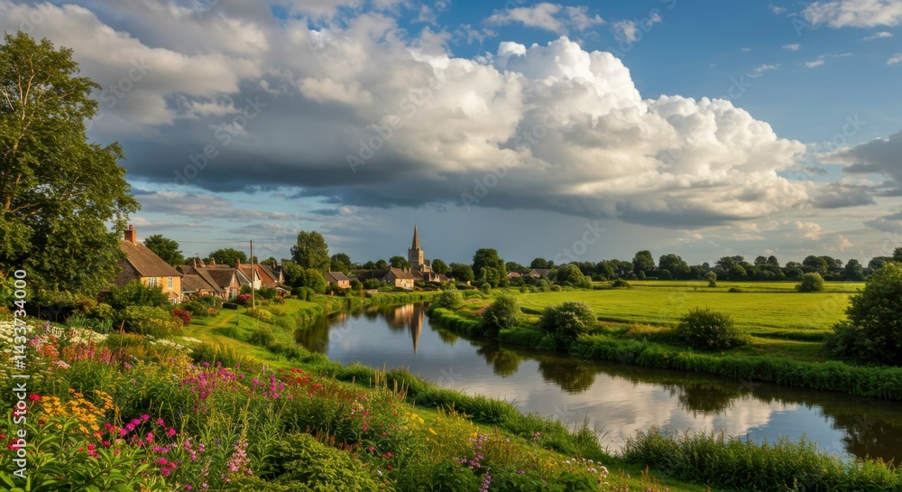 Obraz premium Picturesque village by a river under dramatic sky