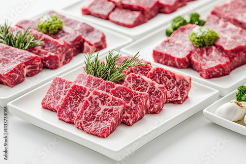 Premium Marbled Hanwoo Beef Selection: Cinematic Product Photography of Raw Korean BBQ Cuts