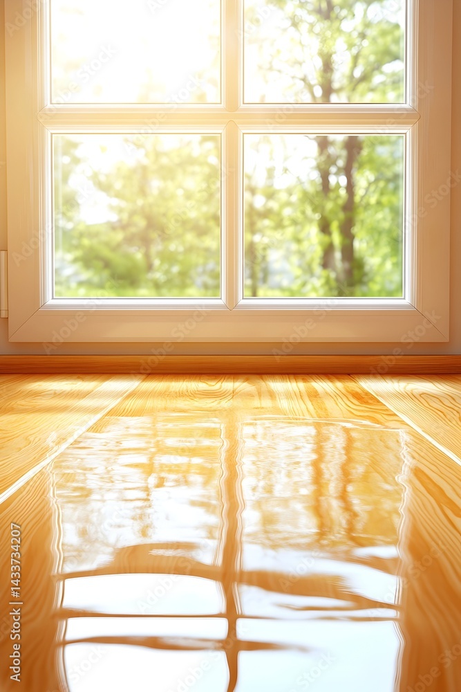 Fototapeta premium Sunlit window view reflected on polished wooden floor