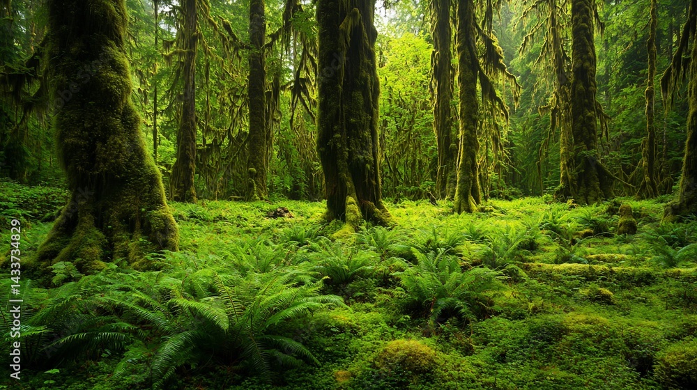 Lush emerald forest floor, moss-covered trees, vibrant green ferns Lush emerald forest floor, moss-covered trees, vibrant green ferns