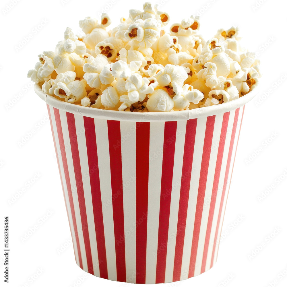 Popcorn in a striped paper bucket for a cozy movie night at home Popcorn in a striped paper bucket for a cozy movie night at home