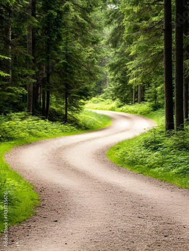 Winding dirt road curves through a lush green forest, sunlight dappling the path