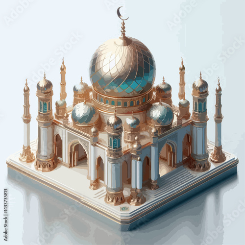A meticulously crafted 3D model of a majestic mosque, showcasing intricate details and rich islamic design.