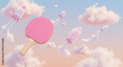 Pink ping pong paddle in the sky with fluffy clouds