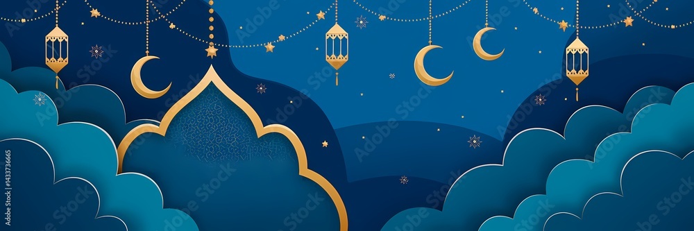 Naklejka premium Mesmerizing Ramadan Background with Deep Blue Gradient Islamic Ornaments Golden Lanterns Soft Glowing Crescent Moon Enhancing Sacred Atmosphere of the Holy Month with Elegant Minimalistic Decorations