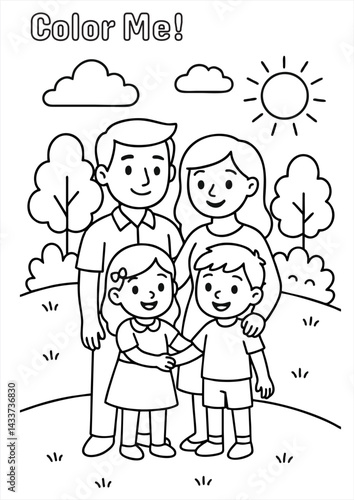 Cute family coloring page for kids. Simple black and white line art of parents with two children in a park with trees, sun, and clouds. Fun and easy printable activity.