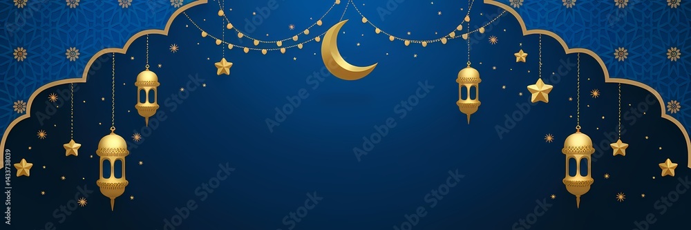 Naklejka premium Mesmerizing Ramadan Background with Deep Blue Gradient Islamic Ornaments Golden Lanterns Soft Glowing Crescent Moon Enhancing Sacred Atmosphere of the Holy Month with Elegant Minimalistic Decorations
