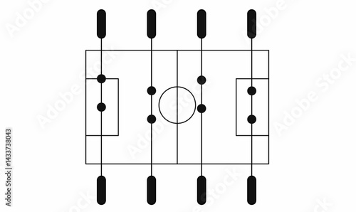 Vector illustration of a foosball table top view with player rods and soccer field layout. Simple black and white line art for games, sports, and recreation themes.