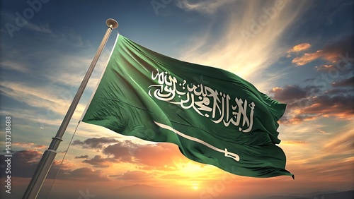 A full view of the Saudi Arabia national flag waving proudly atop a flagpole