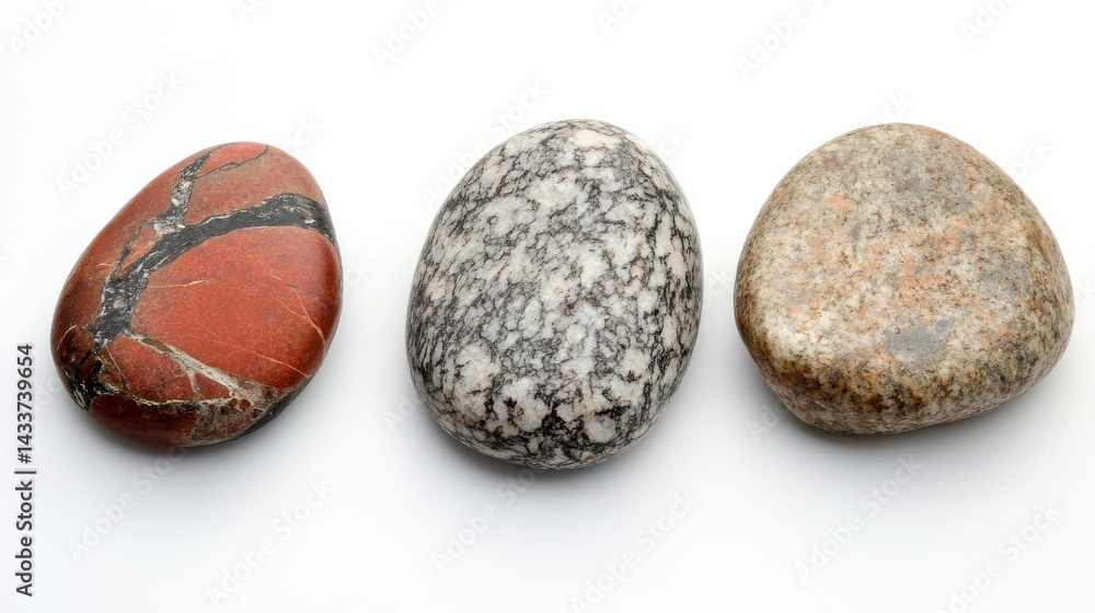 Fototapeta premium Three Unique Stones on White Background Red, Black, and Gray Variations