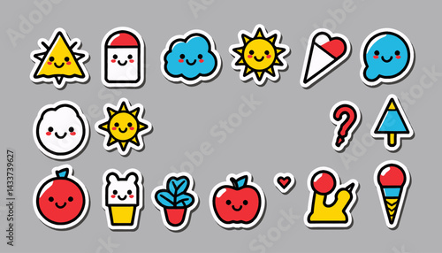 Cute Kawaii Stickers_Adorable Vector Graphics_Sun Cloud and Ice Cream_Perfect for Digital Design and Crafting_Sweet and Playful Illustration Set