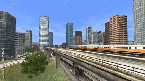 A modern elevated highway system running through a city with high-rise buildings in the background