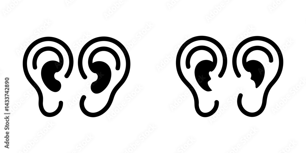 Fototapeta premium Ear icon set, hearing symbol, human ear silhuouette set, Listen Carefully Black Line & Fill Vector Icon, Ear Hear Listen Vector Icon, Ears Icon on Checkerboard Transparent Background, Ears Black.