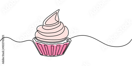 Continuous Line Drawing of Cupcake Icon. Hand Drawn Symbol Vector Illustration, one line drawing of cheesecake with cherries. Hand drawn piece of cake, one continuous line drawing of pie cake,