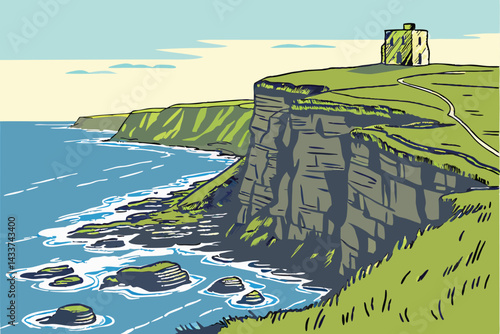 97 Coastal cliff landscape, rugged rocky shoreline, green grassy headland, blue ocean waves, small stone building, clear blue sky, scenic seaside view, dramatic coastal geology, peaceful remote settin