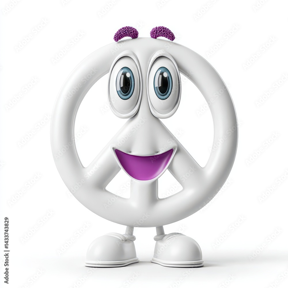Obraz premium Cheerful White Cartoon Peace Sign Character with Purple Accents
