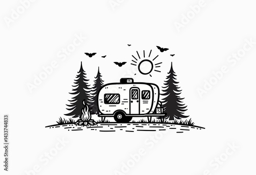 Simple Travel Logo Camping: Black & White Line Art, Camper, Fire Pit, Minimalist Elements, Clean Vector Graphic Design
