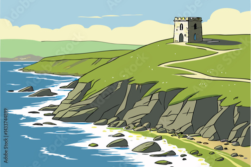 97 Coastal cliff landscape, rugged rocky shoreline, green grassy headland, blue ocean waves, small stone building, clear blue sky, scenic seaside view, dramatic coastal geology, peaceful remote settin