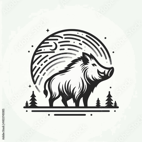 A stylized graphic design of a wild boar in a nocturnal forest landscape.