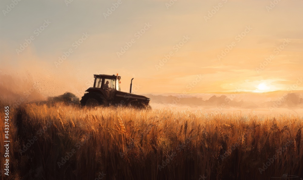 Fototapeta premium A tractor drives through a field at sunset over the crops.