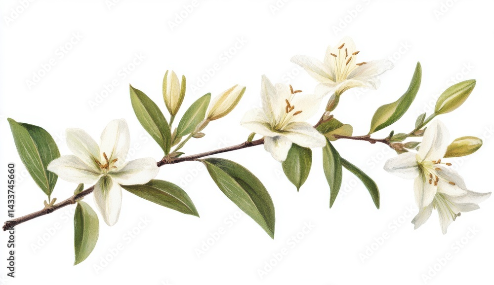 Obraz premium White Blossoms and Green Leaves on Branch