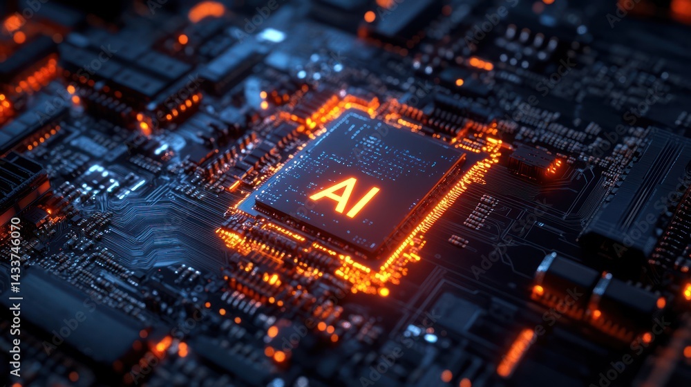 Artificial Intelligence chip glowing on circuit board; tech application backdrop Artificial Intelligence chip glowing on circuit board; tech application backdrop
