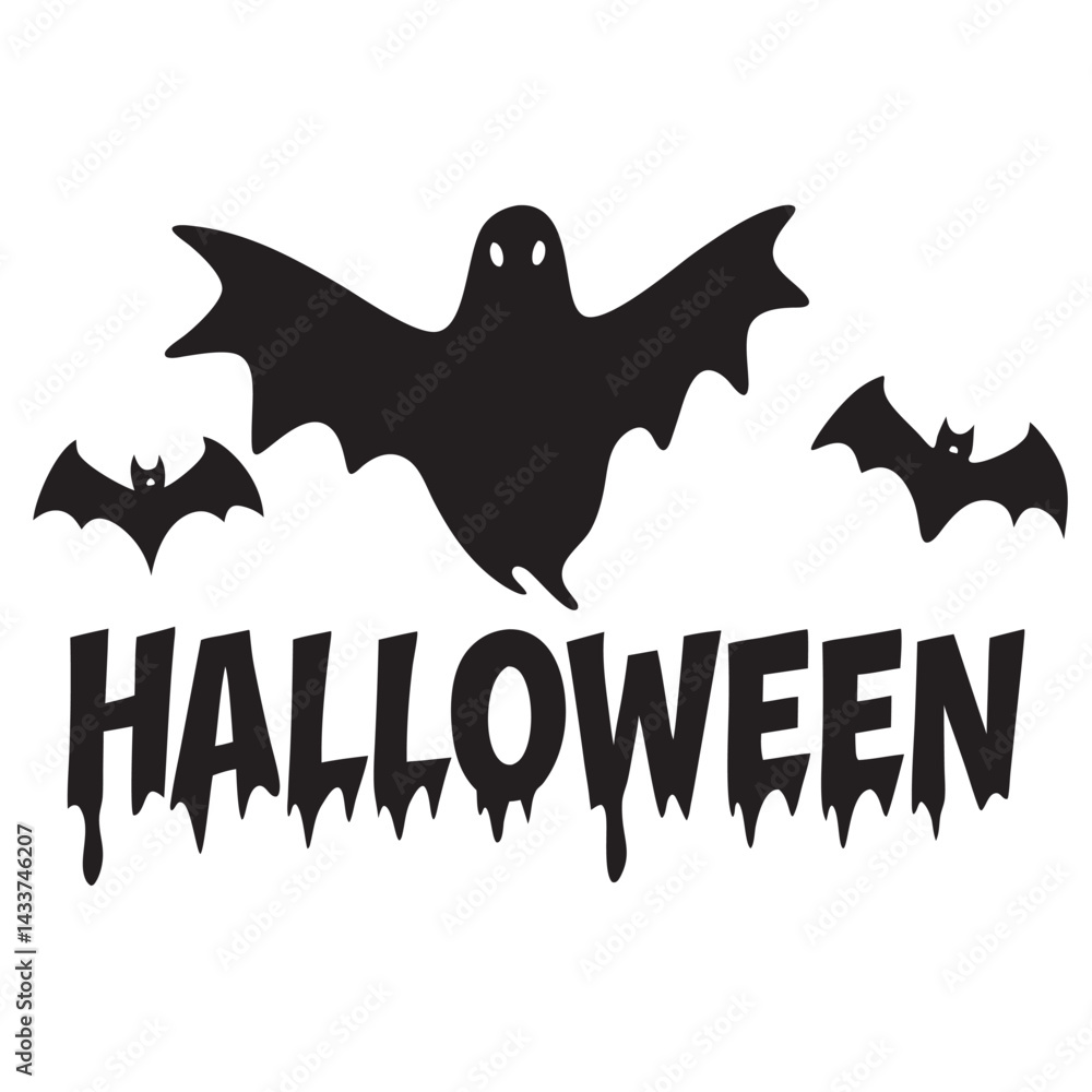 Fototapeta premium Halloween card with ghost and bats flying silhouette 