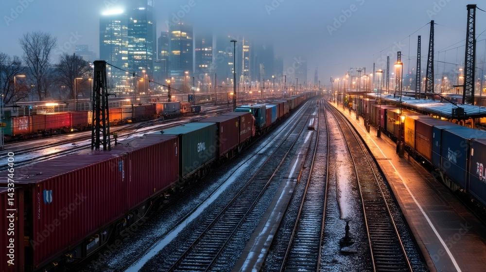 Obraz premium Freight Train Yard with Cityscape at Night