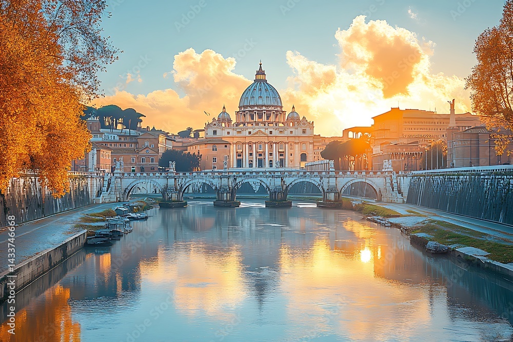 Fototapeta premium St peters basilica at sunset over tiber river in rome italy
