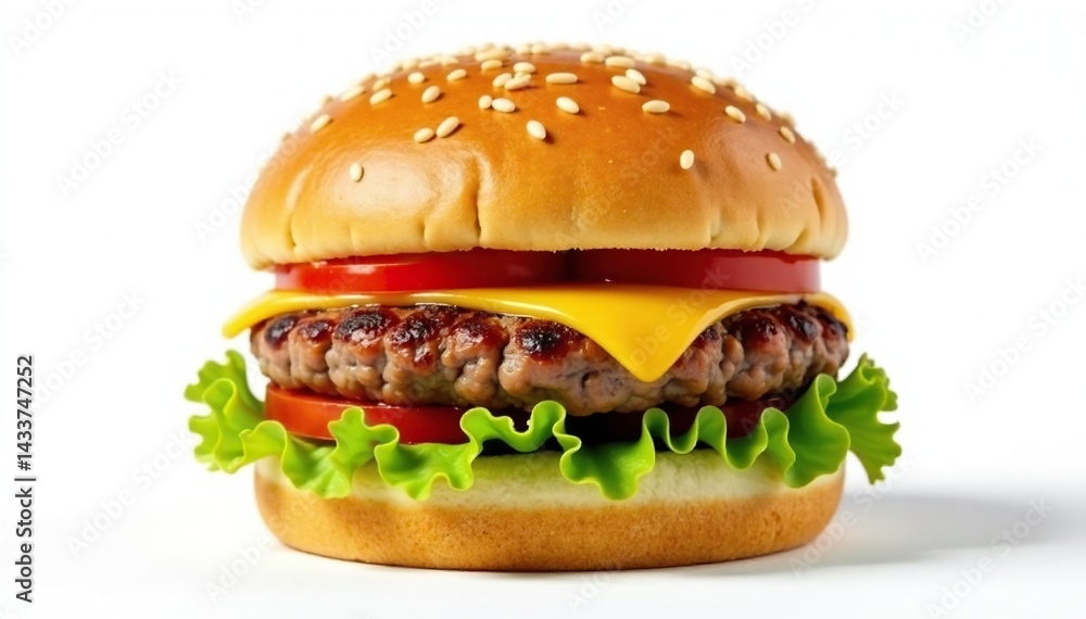 A burger patty, cheese and sesame seed bun isolated on white , classic, product shot, burger A burger patty, cheese and sesame seed bun isolated on white , classic, product shot, burger
