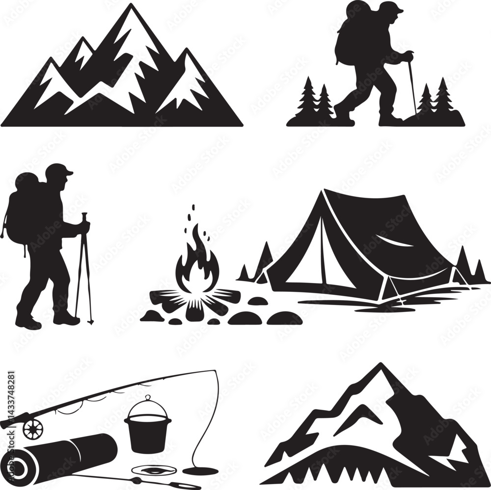 Fototapeta premium Black and White Hiking and Camping Icon Set