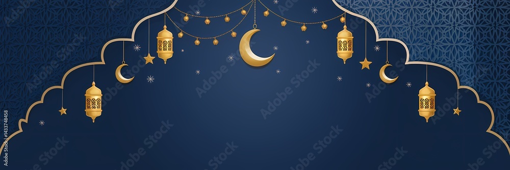 Naklejka premium Mesmerizing Ramadan Background with Deep Blue Gradient Islamic Ornaments Golden Lanterns Soft Glowing Crescent Moon Enhancing Sacred Atmosphere of the Holy Month with Elegant Minimalistic Decorations