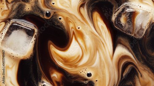 a refreshing iced coffee, a macro and full-frame texture shot, close-up texture, top view