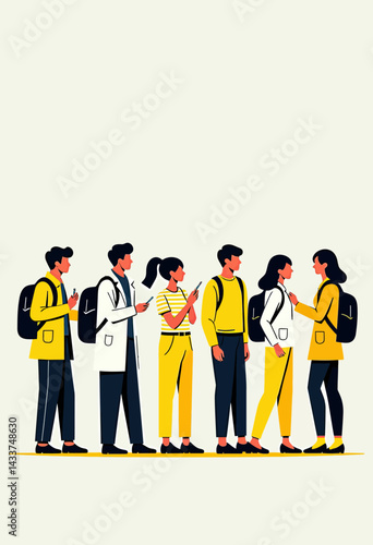 Clean Neon Yellow Vaccine Graphic: Flat Illustration, White Background, Line Drawing, People in Pharmacy, Minimal & Monocle Style
