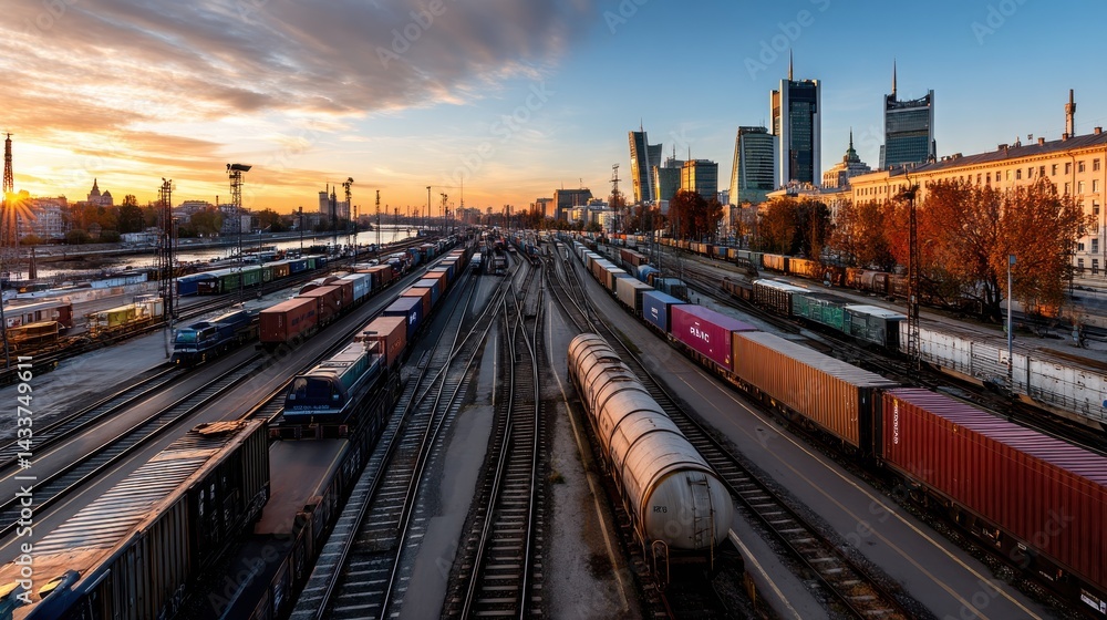 Fototapeta premium Railway Yard with Freight Trains and Cityscape at Sunrise