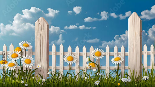 Wooden white fence, flowers and grass, Vector illustration, Summer banner poster template, place for text, Paper cut clouds in blue spring sky,