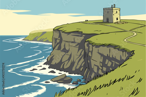 97 Coastal cliff landscape, rugged rocky shoreline, green grassy headland, blue ocean waves, small stone building, clear blue sky, scenic seaside view, dramatic coastal geology, peaceful remote settin