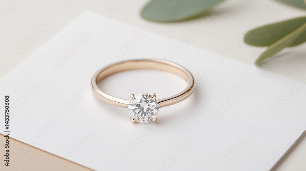 Elegant solitaire engagement ring on a minimalist backdrop Elegant solitaire engagement ring on a minimalist backdrop