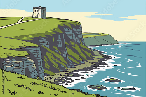 97 Coastal cliff landscape, rugged rocky shoreline, green grassy headland, blue ocean waves, small stone building, clear blue sky, scenic seaside view, dramatic coastal geology, peaceful remote settin