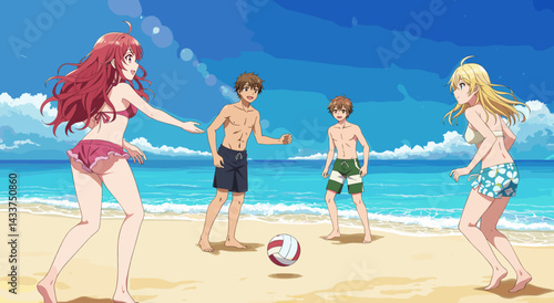 Four friends playing volleyball on the beach during summer  