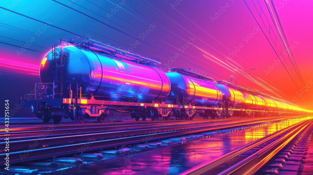 Fototapeta premium futuristic train with glowing neon lights on railway tracks