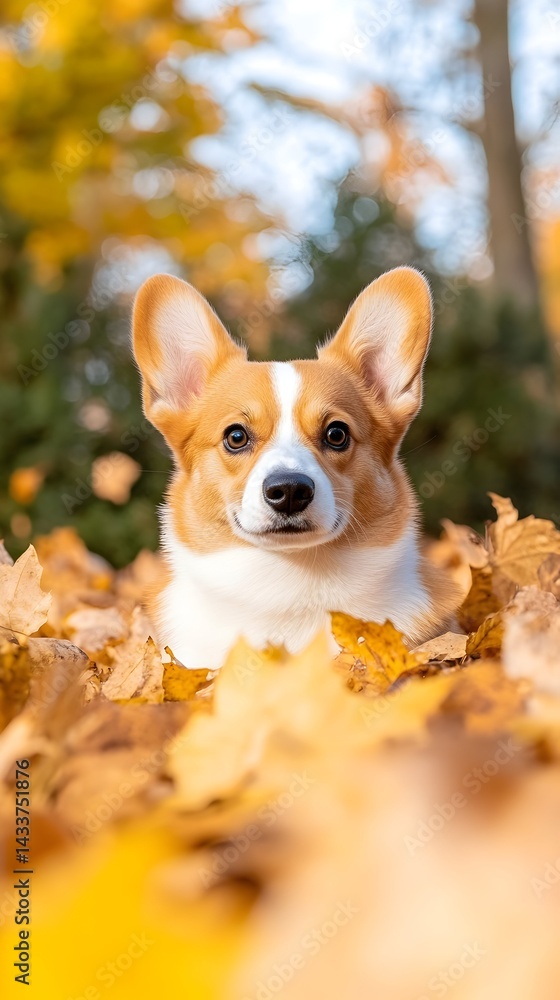 A fluffy, short-legged dog rests amidst a pile of vibrant autumn leaves, gazing directly at the camera A fluffy, short-legged dog rests amidst a pile of vibrant autumn leaves, gazing directly at the camera