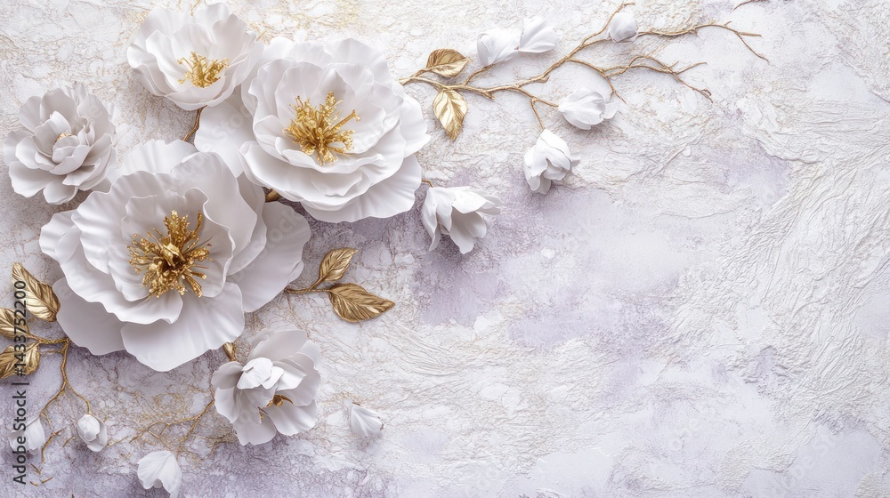 White paper flowers, gold accents, textured background. Possible use wallpaper design, home decor, interior design White paper flowers, gold accents, textured background. Possible use wallpaper design, home decor, interior design