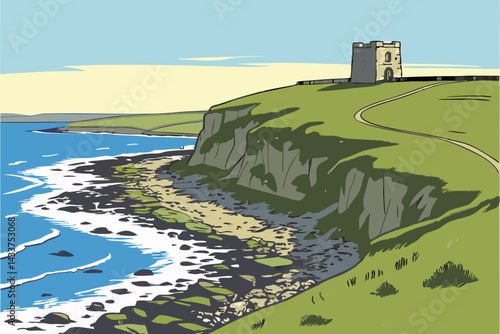 97 Coastal cliff landscape, rugged rocky shoreline, green grassy headland, blue ocean waves, small stone building, clear blue sky, scenic seaside view, dramatic coastal geology, peaceful remote settin