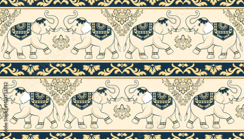 Thai traditional elephants seamless pattern. With damask element on warming tone color background. Vector design for wallpaper, background, fabric, textile, batik and embroidery.