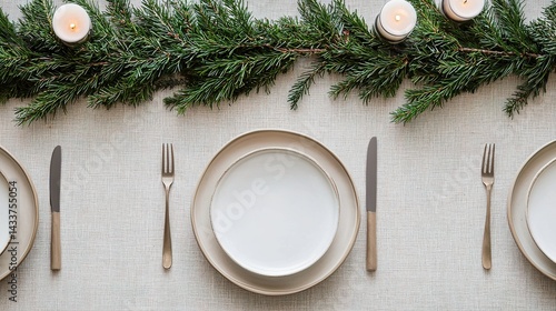 Minimalist christmas table setting cozy home decorative arrangement festive environment top-down view elegant concept