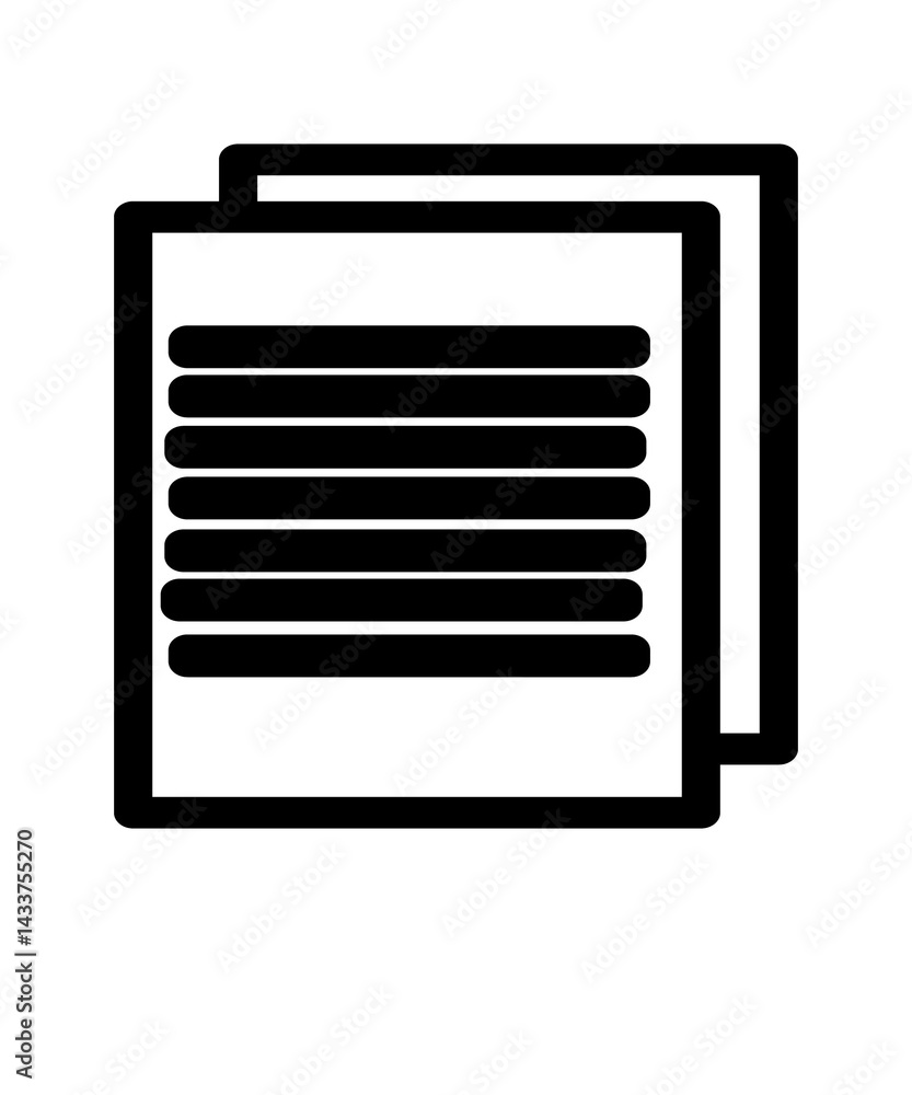 Illustration of two stacked document sheets with text lines, symbolizing archives, reports, or written data Illustration of two stacked document sheets with text lines, symbolizing archives, reports, or written data