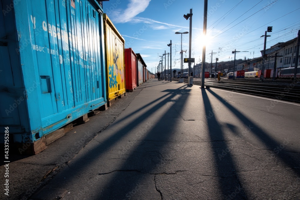 Obraz premium Train Platform with Shipping Containers and Pole Shadows