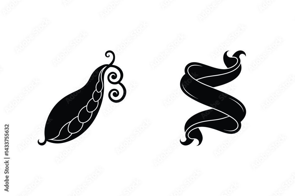 Obraz premium Elegant Black And White Pea Pod Illustration With Decorative Ribbon Design